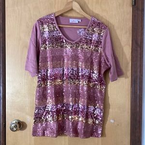 Sequin Striped Short Sleeve Top - Pink